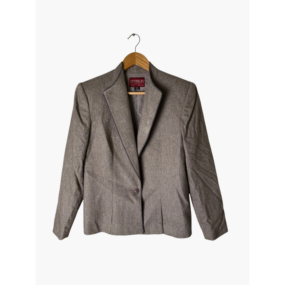 Vintage Sasson Wool Blend Blazer‎ Jacket Taupe Corded Trim Sz Small
